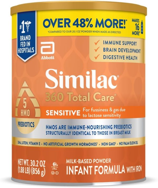 Similac 360 Total Care Sensitive Infant Formula for Fussiness & Gas Due to Lactose Sensitivity, Has 5 HMO Prebiotics, Non-GMO,‡ Baby Formula Powder, 30.2-oz Value Can  Similac - Image 15