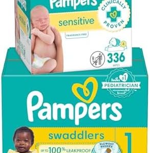 Pampers Swaddlers Disposable Baby Diapers Size 1, One Month Supply (198 Count) with Sensitive Water Based Baby Wipes 4X Pop-Top Packs (336 Count)  Baby