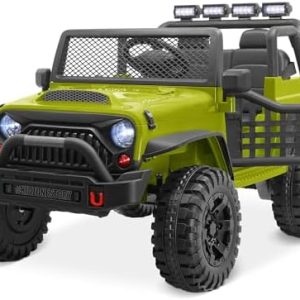 Kidzone 12V 3.8 MPH Kids 2-Seater Ride On Truck Car Electric Vehicles w/Personalize License Plate, 4-Wheeler Suspension, Parent Remote Control, MP3, 3 Speeds, LED Lights, Bluetooth, Radio - Army Green  Toys & Games