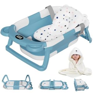 MoreFeel Collapsible Baby Bathtub for Newborn with Thermometer & 1 Hooded Towel & 1 Soft Floating Cushion,Portable Travel Bathtub with Drain Hole, Durable Foldable Baby Tubs for Infants to Toddler  Baby
