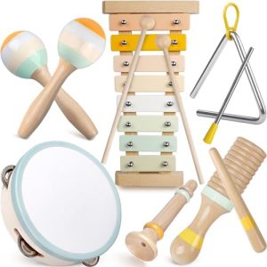 Baby Musical Instruments - Montessori Musical Toys for Toddlers 1-3, Neutral Colors Wooden Percussion Instruments Set, Modern Boho Xylophone Tambourine, Kids Preschool Educational Birthday Gifts  Toys & Games