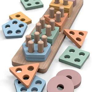 GOPO TOYS Montessori Toys for 18+ Months Old - Toddlers Wooden Sorting and Stacking Toys for Baby Boys and Girls - Shape Sorter and Color Stacker Preschool Kids Wood Gifts  Toys & Games