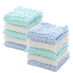 MUKIN Baby Washcloths - Natural Cotton Baby Wipes - Soft Newborn Baby Face Towel for Sensitive Skin- Baby Registry as Shower, 10 Pack 12x12 inches (Green,Blue,White)  Baby