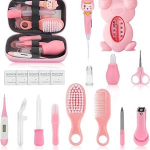 Baby Grooming and Healthcare Kit, Infant Safety Care Set with Hair Brush Comb Nail Clipper Nasal Aspirator Ear Cleaner,Baby Essentials Kit for Newborn Girls Boys (18 in 1, Pink)  Baby