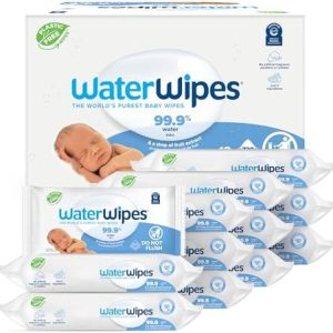 WaterWipes Plastic-Free Original Baby Wipes, 99.9% Water Based Wipes, Unscented & Hypoallergenic for Sensitive Skin, 60 Count (Pack of 12), Packaging May Vary  Baby