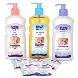 Dr. Fischer Sensitive Baby Bath Set - Baby Bath Wash, Tearless Shampoo, Lotion, & Eye Care Wipes, Baby Bath Essentials - Vitamin Rich Baby Wash Set, Baby Wash and Shampoo Sets - Daily Baby Skin Care  Baby