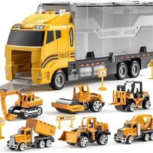 TEMI Construction Truck Toy Set with Play Mat, Carrier Truck Toys for Kids Toddlers, Die-Cast Metal Toy Car Set, Truck Car Kids Toys Christmas Birthday Gift for Age 3 4 5 6 + Years Old Boys Girls  Toys & Games