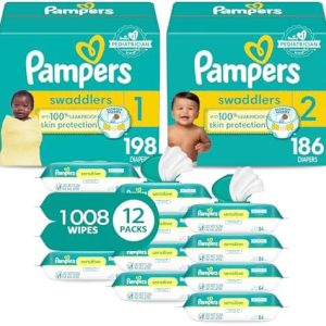 Pampers Baby Diapers and Wipes Starter Kit, Swaddlers Disposable Sizes 1 (198 Count) & 2 (186 Count) with Sensitive Water Based 12X Multi Pack Pop-Top Refill (1008 Count)  Baby