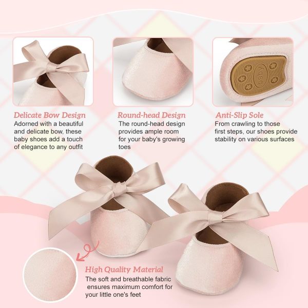 | KIDSUN Infant Baby Girls Mary Jane Shoes Soft Sole Ballet Slippers Bow Princess Newborn Dress Wedding Flat Shoes (3-6 Months Infant, A-Beige(Velvet), 3_Months) | Mary Jane - Image 3