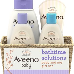 Aveeno Baby Bathtime Solutions Baby & Me Gift Set with Baby Wash & Shampoo, Calming Baby Bath, Baby Daily Moisturizing Lotion & Stress Relief Body Wash for Mom, Oatmeal, 4 Items  Baby