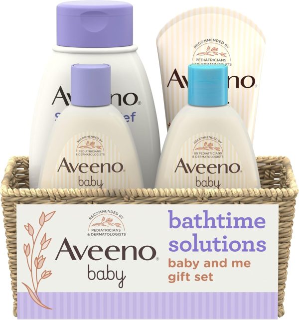 Aveeno Baby Bathtime Solutions Baby & Me Gift Set with Baby Wash & Shampoo, Calming Baby Bath, Baby Daily Moisturizing Lotion & Stress Relief Body Wash for Mom, Oatmeal, 4 Items  Baby