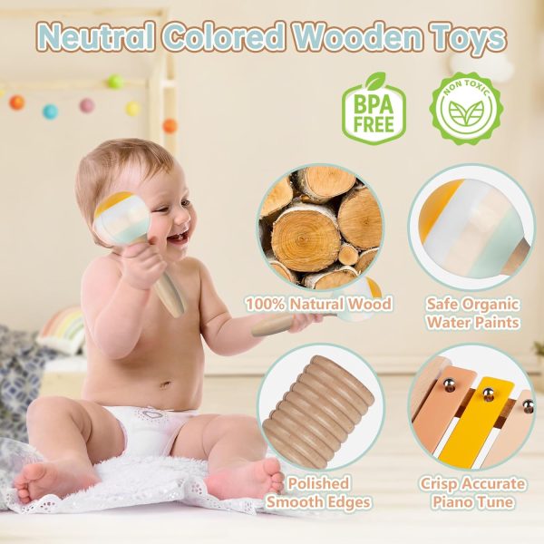 Baby Musical Instruments - Montessori Musical Toys for Toddlers 1-3, Neutral Colors Wooden Percussion Instruments Set, Modern Boho Xylophone Tambourine, Kids Preschool Educational Birthday Gifts  Toys & Games - Image 11