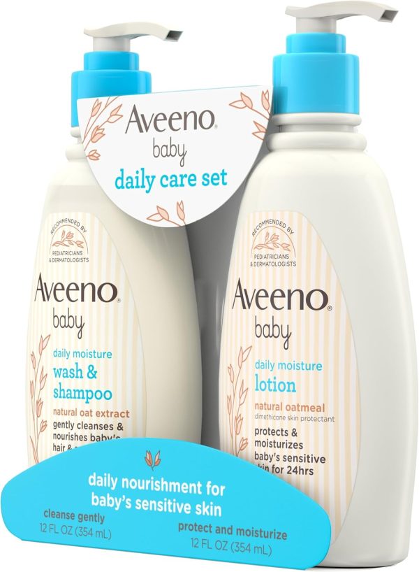 Aveeno Baby Daily Care Gift Set with Oat Extract & Prebiotic Oat, Contains Daily Moisturizing Body Lotion & Gentle 2-in-1 Baby Bath Wash & Shampoo, Hypoallergenic & Paraben-Free, Two Pack  Baby - Image 2