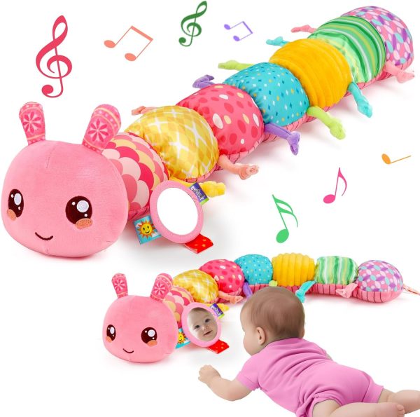 Baby Girls Toys 0-6 Months Musical Stuffed Animal Caterpillar Pink Toys for Infant 0-3 3-6 Months Tummy Time Sensory Toy with Mirror Crinkle Rattle Birthday Gifts for 3 4 5 6-12 Month Old Newborn Boys  Toys & Games