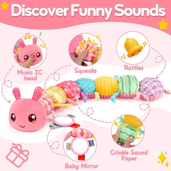 Baby Girls Toys 0-6 Months Musical Stuffed Animal Caterpillar Pink Toys for Infant 0-3 3-6 Months Tummy Time Sensory Toy with Mirror Crinkle Rattle Birthday Gifts for 3 4 5 6-12 Month Old Newborn Boys  Toys & Games - Image 2