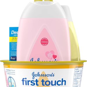 Johnson's First Touch Baby Gift Set, Baby Bath, Skin & Hair Essential Products, Kit for New Parents with Wash & Shampoo, Lotion, & Diaper Rash Cream, Hypoallergenic & Paraben-Free, 4 items  Baby