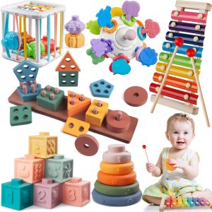 6 in 1 Montessori Baby Toys for 1 + Year Old, Infant Sensory Teething Toys for Babies 6-12 Months, Wooden Stacking Building Blocks Shape Sorter, Xylophone Musical Toy, Birthday Gift for Toddlers 1 2 3  Toys & Games