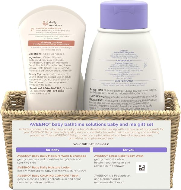 Aveeno Baby Bathtime Solutions Baby & Me Gift Set with Baby Wash & Shampoo, Calming Baby Bath, Baby Daily Moisturizing Lotion & Stress Relief Body Wash for Mom, Oatmeal, 4 Items  Baby - Image 17
