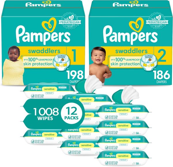 Pampers Baby Diapers and Wipes Starter Kit, Swaddlers Disposable Sizes 1 (198 Count) & 2 (186 Count) with Sensitive Water Based 12X Multi Pack Pop-Top Refill (1008 Count)  Baby - Image 10