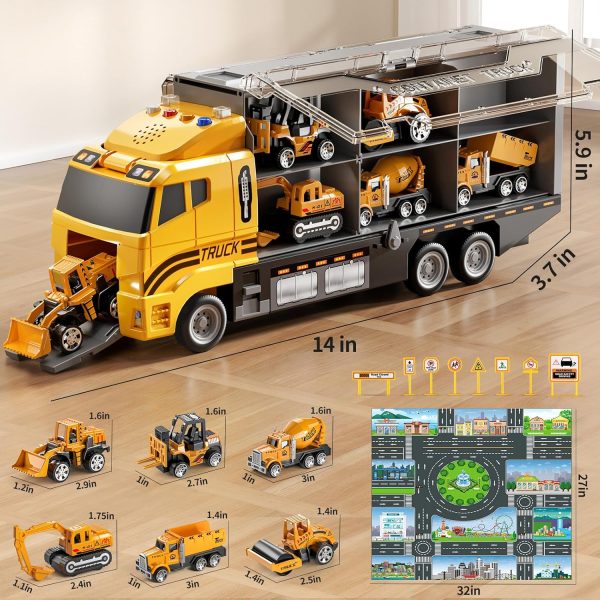 TEMI Construction Truck Toy Set with Play Mat, Carrier Truck Toys for Kids Toddlers, Die-Cast Metal Toy Car Set, Truck Car Kids Toys Christmas Birthday Gift for Age 3 4 5 6 + Years Old Boys Girls  Toys & Games - Image 8