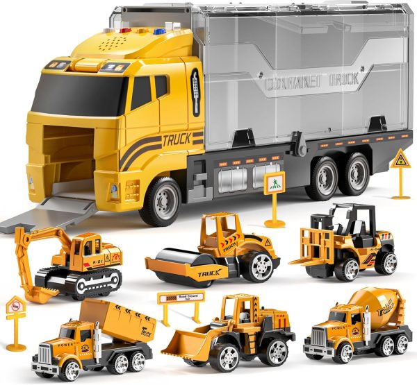 TEMI Construction Truck Toy Set with Play Mat, Carrier Truck Toys for Kids Toddlers, Die-Cast Metal Toy Car Set, Truck Car Kids Toys Christmas Birthday Gift for Age 3 4 5 6 + Years Old Boys Girls  Toys & Games - Image 7