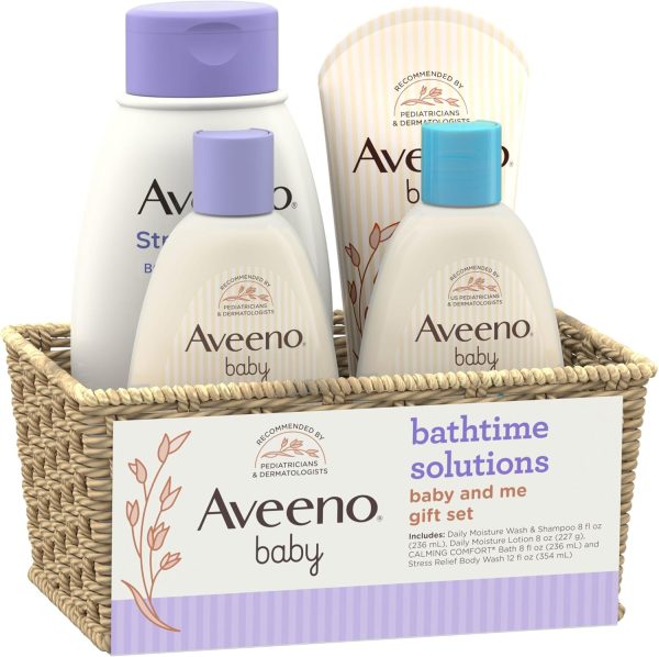 Aveeno Baby Bathtime Solutions Baby & Me Gift Set with Baby Wash & Shampoo, Calming Baby Bath, Baby Daily Moisturizing Lotion & Stress Relief Body Wash for Mom, Oatmeal, 4 Items  Baby - Image 5