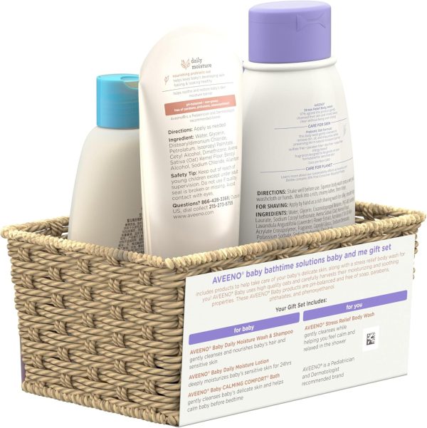 Aveeno Baby Bathtime Solutions Baby & Me Gift Set with Baby Wash & Shampoo, Calming Baby Bath, Baby Daily Moisturizing Lotion & Stress Relief Body Wash for Mom, Oatmeal, 4 Items  Baby - Image 8