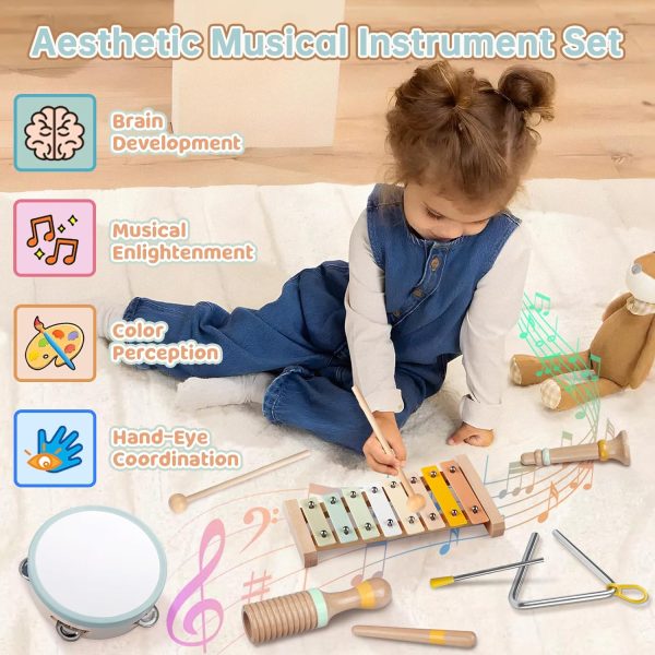 Baby Musical Instruments - Montessori Musical Toys for Toddlers 1-3, Neutral Colors Wooden Percussion Instruments Set, Modern Boho Xylophone Tambourine, Kids Preschool Educational Birthday Gifts  Toys & Games - Image 10
