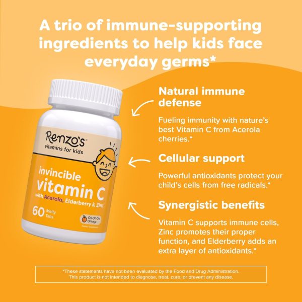 Renzo's Invincible Vitamin C for Kids with Elderberry and Zinc, Dissolvable Kids Vitamins for Immune Support, 60 Orange-Flavored Melty Tabs  Health & Household - Image 17