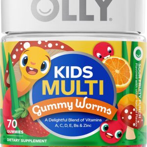 OLLY Kids Multivitamin Gummy Worms, Overall Health and Immune Support, Vitamins and Minerals A, C, D, E, Bs and Zinc, Chewable Supplement, Sour Fruit Punch, 45 Day Supply (70 Count)  Health & Household
